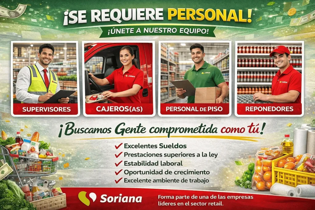 SORIANA 🛒 Soriana 🏬 Cadena mexicana de supermercados que ofrece una amplia variedad de productos para el hogar, alimentos y tecnología. 👥 Genera empleos en cajas, atención al cliente, ventas, almacén y operaciones de tienda.