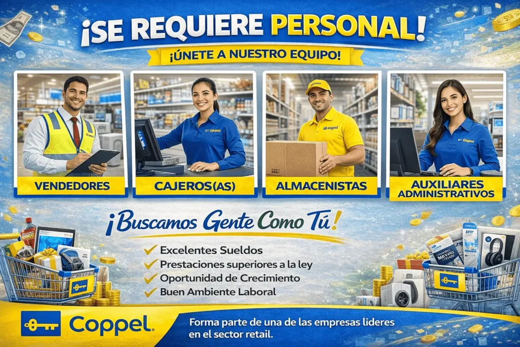 🛍️ Coppel 💳 Cadena mexicana de tiendas departamentales que ofrece productos para el hogar, ropa, electrónica y servicios financieros. 👥 Brinda empleos en ventas, cajas, almacén, atención al cliente y áreas administrativas.