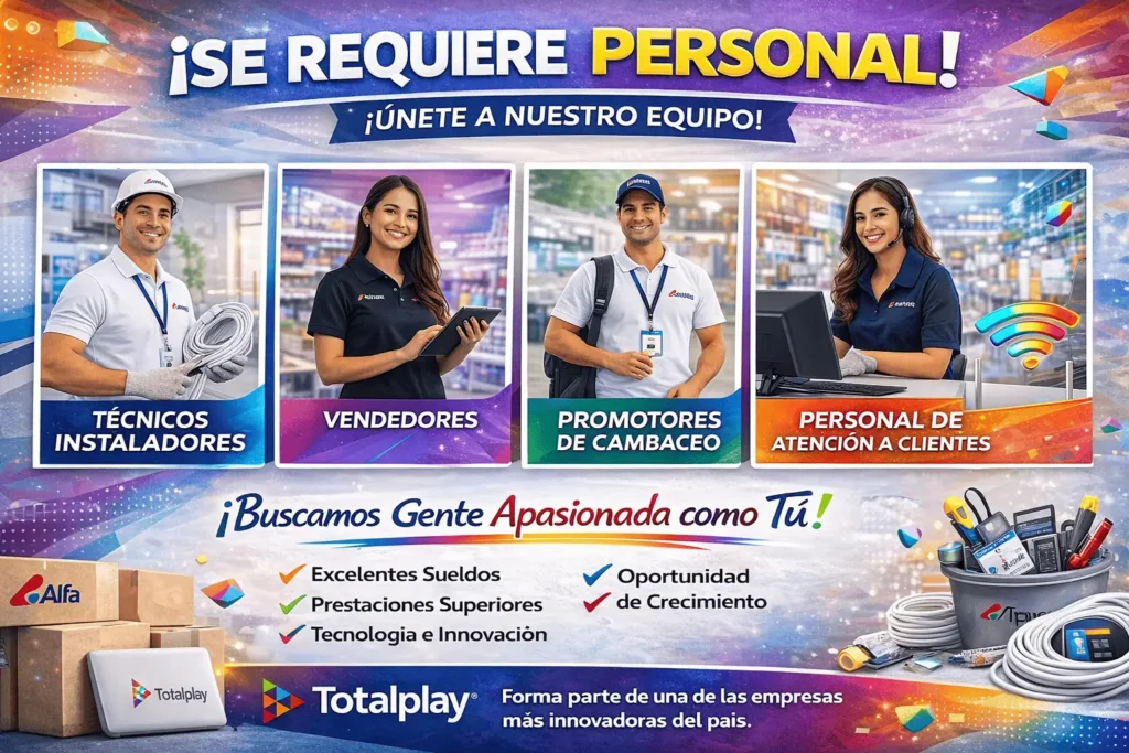📶 Totalplay 🌐 Empresa mexicana de telecomunicaciones que ofrece servicios de internet de alta velocidad, televisión y telefonía. 🧑‍🔧 Genera empleos en instalación técnica, ventas, atención al cliente y soporte tecnológico.