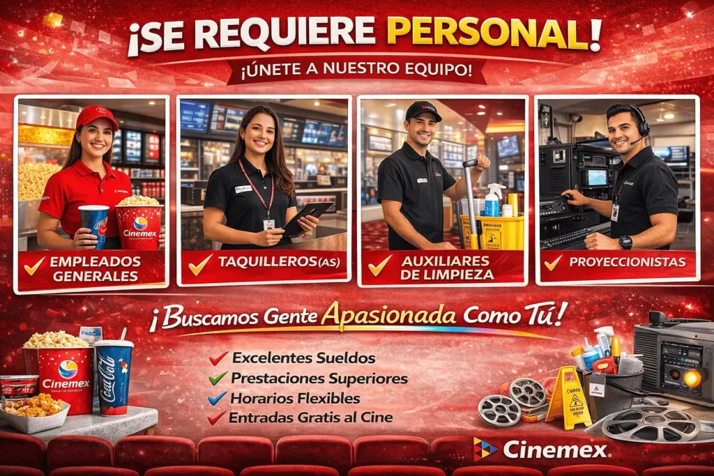 🎬 Cinemex 🍿 Cadena mexicana de cines que ofrece experiencias de entretenimiento con salas modernas y tecnología audiovisual. 👥 Genera empleos como taquilleros, empleados generales, atención al cliente, limpieza y operaciones de cine.