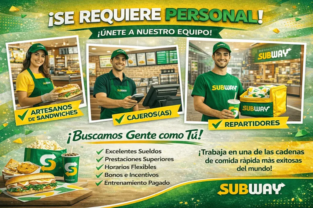 SUBWAY 🥪 Subway 🌎 Cadena internacional de restaurantes de comida rápida especializada en sándwiches y alimentos preparados al momento. 👩‍🍳 Ofrece empleos en preparación de alimentos, atención al cliente, caja y gestión de restaurante.
