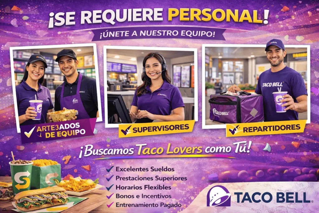 🌮 Taco Bell 🌎 Cadena internacional de comida rápida inspirada en la gastronomía mexicana, conocida por tacos, burritos y otros platillos. 👩‍🍳 Ofrece empleos en cocina, atención al cliente, caja y gestión de restaurante.