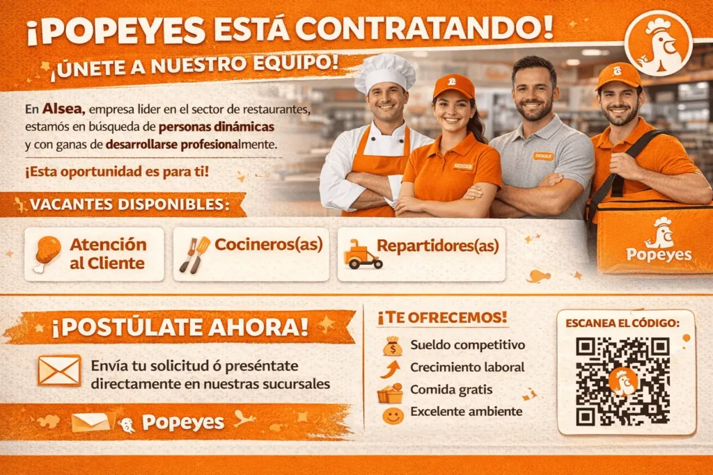 🍗 Popeyes 🌎 Cadena internacional de comida rápida famosa por su pollo frito estilo Luisiana y su sabor característico. 👩‍🍳 Ofrece empleos en cocina, atención al cliente, caja y operaciones de restaurante.