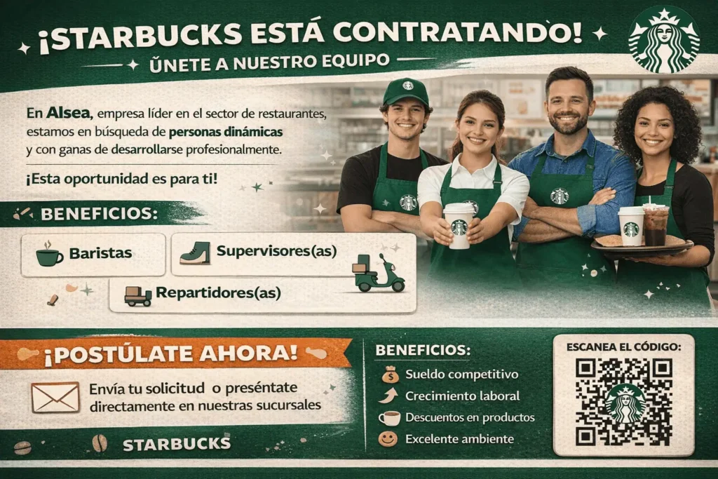 ☕ Starbucks 🌎 Cadena internacional de cafeterías reconocida por sus bebidas de café, ambiente moderno y experiencia al cliente. 👥 Ofrece empleos como baristas, atención al cliente, caja, preparación de bebidas y gestión de tienda.
