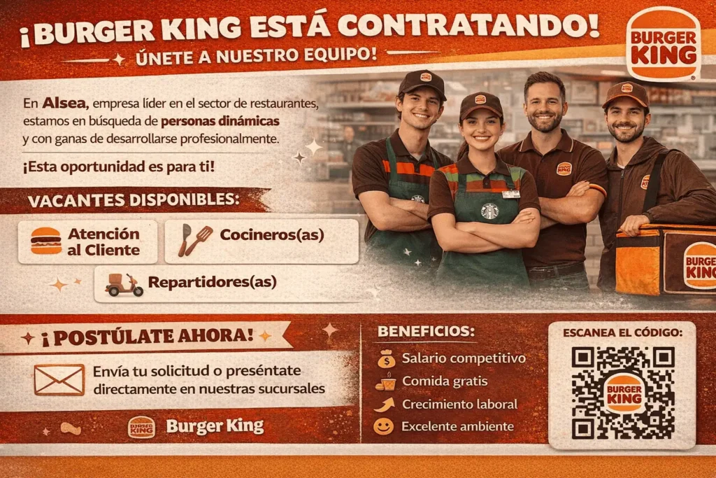 🍔 Burger King 🌎 Cadena internacional de comida rápida reconocida por sus hamburguesas a la parrilla y su menú variado. 👩‍🍳 Ofrece empleos en cocina, atención al cliente, caja y gestión de restaurante.