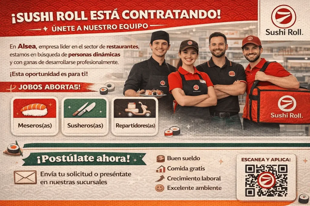 🍣 Sushi Roll 🍱 Cadena de restaurantes especializada en comida japonesa contemporánea con un ambiente moderno y servicio en mesa. 👨‍🍳 Ofrece empleos en cocina, preparación de sushi, atención al cliente, caja y servicio en restaurante.