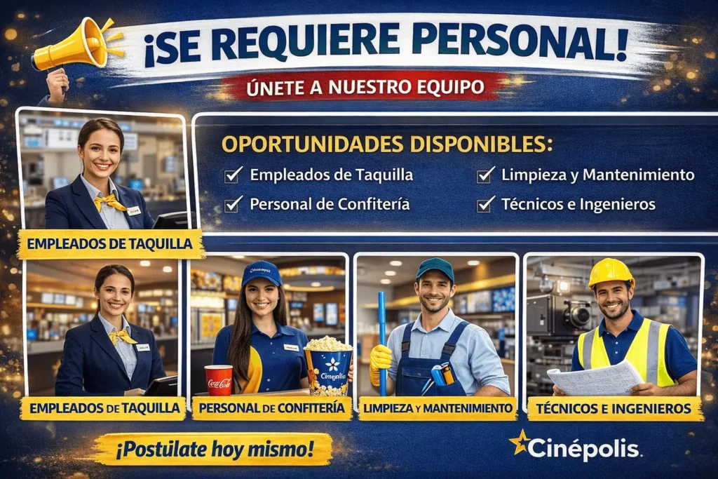 🎬 Cinépolis 🍿 Cadena de cines mexicana reconocida a nivel internacional por sus salas modernas y experiencia cinematográfica. 👥 Ofrece empleos como taquilleros, empleados generales, atención al cliente, limpieza y operaciones.